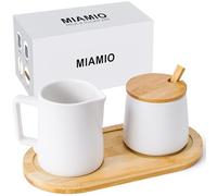 MIAMIO - Set per Servizio Zucchero e Panna con Coperchio e Cucchiaio/Accessori per Bar da Caffè in Ceramica - Adatto per Forno a Microonde e Lavastoviglie (Bianco)