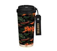 miaozhen Bicchiere da caffè da uomo con coperchio Doodle lettera mimetica arancione nero tazza da caffè in acciaio inox per caldo e freddo 17 once a prova di fuoriuscite