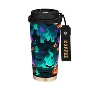 miaozhen Bicchiere da caffè da viaggio con coperchio Halloween Terrificante Fuoco Verde Tazza da viaggio termica in acciaio inox per caldo e freddo 500 ml a prova di perdite