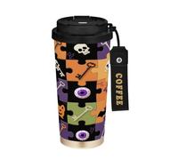 miaozhen Bicchiere da caffè per gli uomini con coperchio Halloween colorato puzzle di teschio pipistrelli tazza da viaggio in acciaio inox per caldo e freddo 17 once a prova di perdite