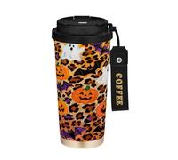 miaozhen Bicchieri da viaggio per caffè da donna con coperchio, per Halloween, leopardo, zucca, tazza da caffè isolata in acciaio inox per bevande calde e fredde, 500 ml, a prova di perdite