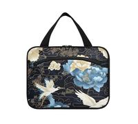 miaozhen Blu e Bianco Vintage Gru Fiori appeso borsa trucco con gancio, designer essenziale per le donne must haves bolsa para maquillaje L, Fiori gru vintage blu e bianchi, moderno
