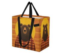 miaozhen Borsa a secchiello pieghevole in tela da cucina per la spesa, da uomo, per shopping, viaggio, pigro, a quadretti, con orso marrone, tramonto