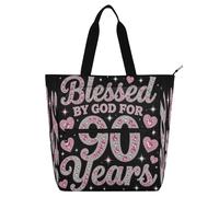 miaozhen Borsa a tracolla decorativa per bambini, ragazze, adulti, benedetta da Dio per il 90° compleanno, leggera, con tasche con cerniera, università, shopping, spiaggia