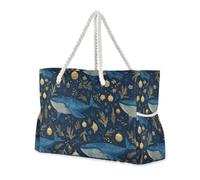 miaozhen Borsa da spiaggia pieghevole a prova di sabbia con cerniera Happy New Year Shark blu scuro borse tote per le donne Buono per viaggi piscina nuoto spiaggia vacanze necessità