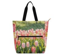 miaozhen Borsa decorativa per libri Borsa per libri per bambini studenti adulti giardino primaverile tulipani rosa tasca esterna con cerniera riutilizzabile borsa della spesa con cerniera per la