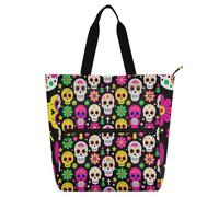 miaozhen Borsa decorativa per libri per bambini, donne, uomini, teschi di zucchero, giorno dei morti, resistente ai graffi, riutilizzabile, borsa da spiaggia con cerniera per università, shopping