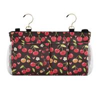 miaozhen Borsa organizer da appendere al comodino con motivo di ciliegie rosse, sfondo nero, per dormitorio universitario, essenziali, sponde del letto d'ospedale, organizer da campeggio