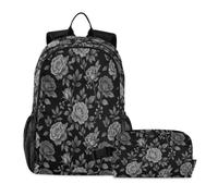 miaozhen Borsa per la scuola con borsa per il pranzo con gatto graffiti bianco e nero gotico rose fiori 18L/Bookbag per ragazze adolescenti con portapranzo, 7-10, loncheras para adolescenti