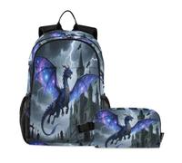 miaozhen Borsa per la scuola con borsa per il pranzo con gatto graffiti mistico drago castello fulmine blu scuro 18L/zaino e contenitore per il pranzo per ragazzi, 7-10, mochilas y loncheras para ni