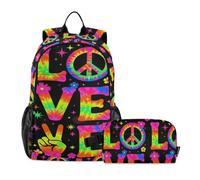 miaozhen Borsa per libri con portapranzo per ragazze, simbolo della pace, amore anni '70, tie dye, hippie, borsa per libri per ragazzi 9-10 anni