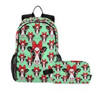 miaozhen Borsa per libri per ragazzi gatto graffiti fattoria rustica verde menta mucca ragazza 18L/borsa per la scuola e contenitore per il pranzo set per ragazzi, età 8-10 anni, mochila con lonchera