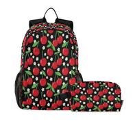 miaozhen Borsa per libri per ragazzi gatto graffiti fiori di ciliegio bella rosso nero 18L/ragazzo zaino scuola con contenitore per il pranzo, 9-10 anni, mochila y lonchera para ni?as
