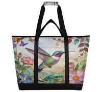 miaozhen Borsa termica con lati morbidi che mantiene il cibo caldo o freddo, riutilizzabile, con manici, per shopping, viaggi, spiaggia, campeggio, colibrì, fiori, vetro colorato