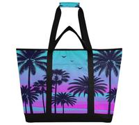 miaozhen Borsa termica morbida per cibo caldo/freddo borse della spesa riutilizzabili per la spesa con cerniera viaggio picnic consegna retrò tropicale palma tramonto silhouette