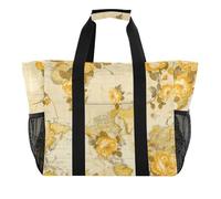 miaozhen Borsa tote per spiaggia vecchio stile mappa del mondo calendula rosa fiore pieghevole impermeabile con manici