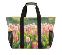 miaozhen Borse per la spesa impermeabili riutilizzabili con tasche frontali | Borse da spiaggia, con tasche, tulipani da giardino primaverile rosa