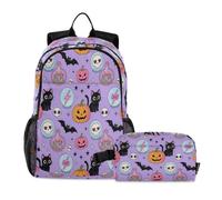 miaozhen Borse per libri per ragazzi con borsa per il pranzo gatto graffiti vintage strega magica Halloween viola 18L/borsa per la scuola e scatola per il pranzo set per ragazzi, 9-10 anni, mochila