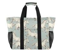 miaozhen Borse riutilizzabili resistenti all'acqua per generi alimentari con le tasche laterali della maglia | Borsa da spiaggia utile,Con tasche,Schizzi di cavallo vintage azzurro