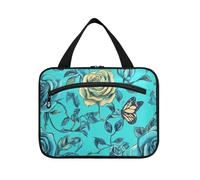 miaozhen Carino Rose Flower Butterfly Turchese appeso articolo borsa da viaggio con gancio, designer carino per i viaggiatori maleta para maquillaje L, grazioso fiore rosa farfalla Turchese, moderno