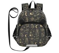 miaozhen Cute Ears Kids Day Zaino con guinzaglio per bambini Ragazzo/Ragazza Zaino personalizzato anti-perdita con tasca per bottiglia d'acqua con striscia riflettente nero e oro Goth Tarocchi gatto,