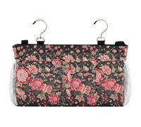 miaozhen Elegante tasca per comodino, colore oro con fiori neri e rosa, organizer per letto laterale, da appendere, per camere a castello e sponde per letto d'ospedale, accessori per literas