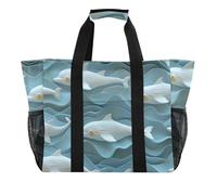 miaozhen Grande borsa da spiaggia 3D con delfino Loch bianco blu pieghevole con tasche con manici