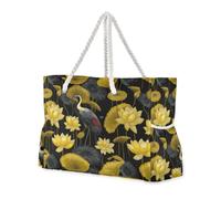 miaozhen Grande borsa da spiaggia di grande capacità con cerniera Ocean Kea Water Lily nero e oro borse tote da donna per lavoro Top Beach Bag, Pool Bag, Work Bag, Shopping Bag