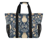 miaozhen Grande borsa da spiaggia William Morris stile rustico etnico floreale blu scuro pieghevole con tasche tela