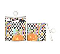miaozhen Hello Fall Autumn Pumpkin Checkered Plaid Contenitori in plastica trasparente con coperchio Essenziali per il bagno Barattolo decorativo per filo interdentale per tamponi di cotone, tamponi