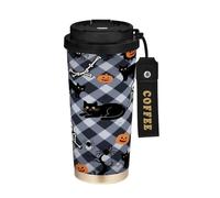 miaozhen Holoween - Bicchiere da caffè con coperchio, a scacchi, zucca, gatto, teschio, in acciaio inox, per bevande calde e fredde, 500 ml, a prova di fuoriuscite