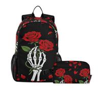 miaozhen Libreria con Lunchbox Per Ragazze Scheletro Amante Rose Rosse Divertente Borsa Scuola E Lunch Box Set Per Ragazzi 10-12