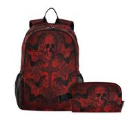 miaozhen Libreria con Lunchbox per Ragazzi Teschio Rosso Croce Y2k Goth Boys Zaini E Lunch Box Età 8-10 anni
