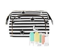 miaozhen Nero Strisce Bianche Stelle Luna Sacchetto Cosmetico Per Le Donne Leggero Delle Donne Portamonete per Organizzatore di Viaggio para maquillaje, Strisce bianche nere stelle luna, moderno