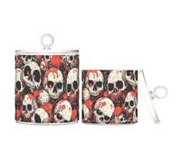miaozhen Organizer in plastica trasparente con teschio rosso e bianco, con coperchio, per riporre il filo interdentale essenziale, per cotton fioc, cotton fioc, filo interdentale, graffette, capelli
