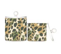 miaozhen Organizer per trucchi in plastica trasparente con stampa leopardata, colore verde militare, con coperchio, contenitore decorativo per riporre il filo interdentale per tamponi di cotone