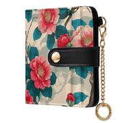 miaozhen Portafoglio pieghevole da donna impermeabile Ukiyo-e-style camelia blu cielo rosso compatto in pelle PU portafoglio per donne ragazze