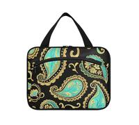 miaozhen Retro Moda Fiore Paisley Oro Ciano appeso borse per le donne impermeabile con gancio, design portatile per le donne bolsa para maquillaje L, Moda retrò fiore paisley oro ciano, moderno