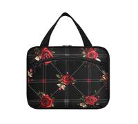 miaozhen Rosso e Nero Vintage Rose Flowers appeso borsa con scomparti con gancio, designer unisex per le donne maletín para maquillaje L, Fiori rosa vintage rossi e neri, moderno