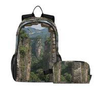 miaozhen Set zaino e borsa per il pranzo per ragazze adolescenti gatto graffiti 3d pietra rotta parete montagna 18L/zaino con contenitore per il pranzo per ragazzi, 10-12, set de mochila y lonchera