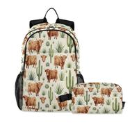 miaozhen Set zaino e borsa per il pranzo per ragazze adolescenti gatto graffiti acquerello Highland Cow Cactus 18L/ragazzi zaino scuola con portapranzo, 7-10, mochilas escolares para ni?as con