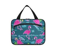 miaozhen Summer Neon Flamingo Coconut Tree Blue appeso trucco borsa con gancio, designer essenziale per le donne bolsas da viaggio per maquillaje de mujer L, Estate neon Flamingo cocco albero blu
