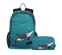 miaozhen Zaino per la scuola con borsa per il pranzo gatto graffiti orca balena ciano 18L/zaino per ragazzi con contenitore per il pranzo, età 8-10 anni, mochila con lonchera para ni?os