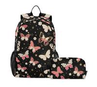 miaozhen Zaino per la scuola e il pranzo con farfalle, colore nero e pesca, con portapranzo, per ragazze e ragazzi, con portapranzo, età 8-10 anni, Farfalle Pesca Nera, 1 size, Zaini Daypack