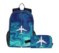 miaozhen Zaino per scuola e borsa per il pranzo gatto graffiti aereo pilota aereo blu 18L/zaino scuola per ragazze con contenitore per il pranzo, 10-12, mochila y lonchera para ni?as