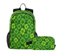 miaozhen Zaino per scuola e borsa per il pranzo gatto graffiti trifoglio fortunato verde 18L/ragazzi zaini e portapranzo, età 8-10 anni, mochilas con loncheras para ni?as