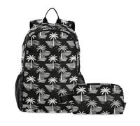 miaozhen Zaino per scuola e borsa per il pranzo tropicale albero di cocco caffè nero bianco 18L/ragazzi zaino scuola con contenitore per il pranzo, età 8-10 anni, set de mochila y lonchera para ni?as
