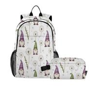 miaozhen Zaino scolastico per bambini con borsa per il pranzo carino gnomo dente di leone fiore bookbag e lunchbox 7-10