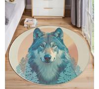 MIATCENRT Animale Con Luna Piena Tappeto Rotondo Salotto 80cm, Antiscivolo Lavabile Tappeti Rotondi, Arte Del Lupo Tappete Pelo Corto per Sala da Pranzo Camera da Letto Scendiletto