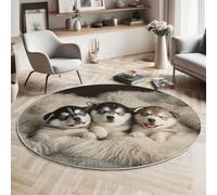 MIATCENRT Carino Animale Tappeto Rotondo Bianco Tappeti, 100cm Antiscivolo Lavabile in Lavatrice Coperta Husky Tondo Tapette, Salotto Camera da Letto Scendiletto Ufficio Tappeto